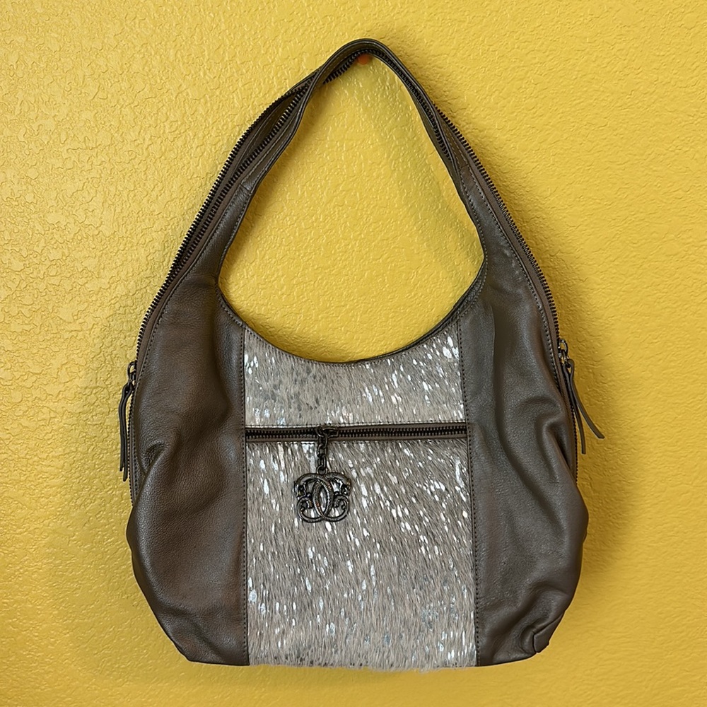 Sharif shoulder tote bag gray silver leather calf hair tassel purse zipper